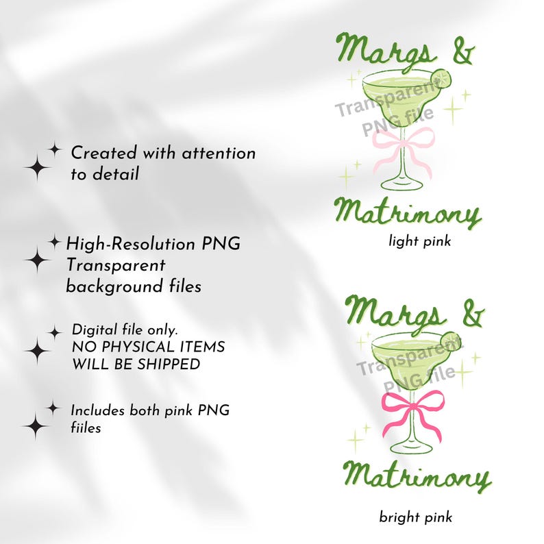 May include: Digital file featuring two margarita glasses with the text "Margs & Matrimony." One glass has a light pink bow, the other a bright pink bow. The image includes text about the digital file.