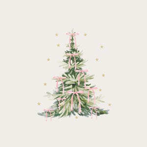 May include: A watercolour illustration of a Christmas tree adorned with pink bows. The tree is green, set against a light beige backdrop with gold star accents. A festive holiday design.