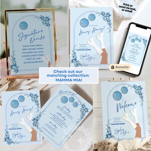 Mamma Mia Disco Bachelorette Weekend Itinerary, Honey Bachelorette Weekend Template, Disco ball Blue Bachelorette Template, Retro Invitation