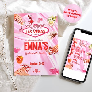 Itinerario de fin de semana de despedida de soltera en Las Vegas, plantilla de fin de semana de despedida de soltera con juegos de póquer, plantilla rosa de despedida de soltera en Las Vegas, invitación a Las Vegas