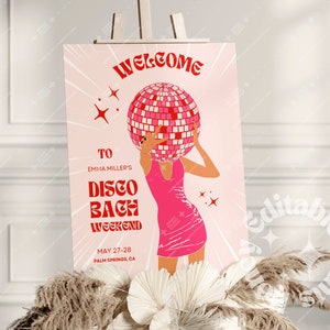 Disco Welcome Sign Template, Disco party banner ,Trendy Retro Disco Invitation, Disco Girl Birthday Welcome sign Editable Canva Template