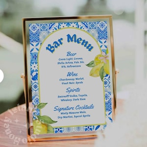 Lemon Blue Tile Signature Drankmenu, Lemon Bar Menu, Positano Blue Tile Party, Mediterraan, Italiaans, Sicilië Drankmenu,
