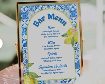 Lemon Blue Tile Signature Drinks Menu, Lemon Bar Menu, Positano Blue Tile Party, Mediterranean, Italian, Sicily Drinks Menu,