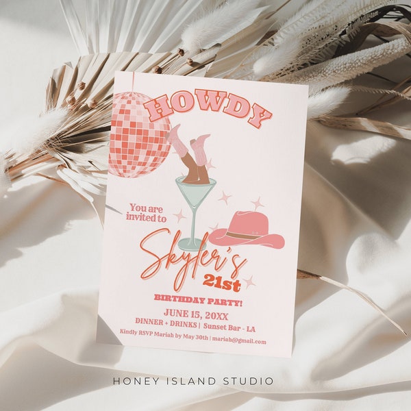 Howdy Martini 21st Birthday Cowgirl Party Template, Howdy Editable Invitation, cowgirl Birthday Celebration Invitation, Western Invitation,