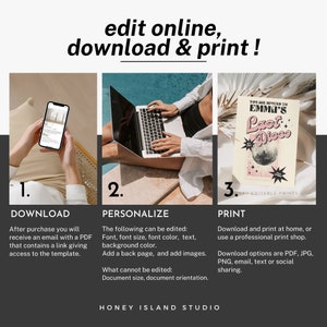 May include: A three-step guide to editing and printing digital templates. The first step is to download the template. The second step is to personalize the template by editing the font, font size, font color, text, background color, adding a back page, and adding images. The third step is to print the template at home or at a professional print shop. Download options include PDF, JPG, PNG, email, text, or social sharing.
