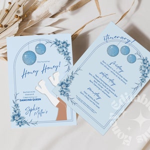 Mamma Mia Disco Bachelorette Weekend Itinerary, Honey Bachelorette Weekend Template, Disco ball Blue Bachelorette Template, Retro Invitation,