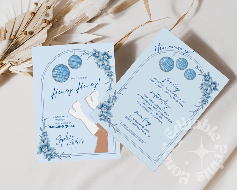 Mamma Mia Disco Bachelorette Weekend Itinerary, Honey Bachelorette Weekend Template, Disco ball Blue Bachelorette Template, Retro Invitation,