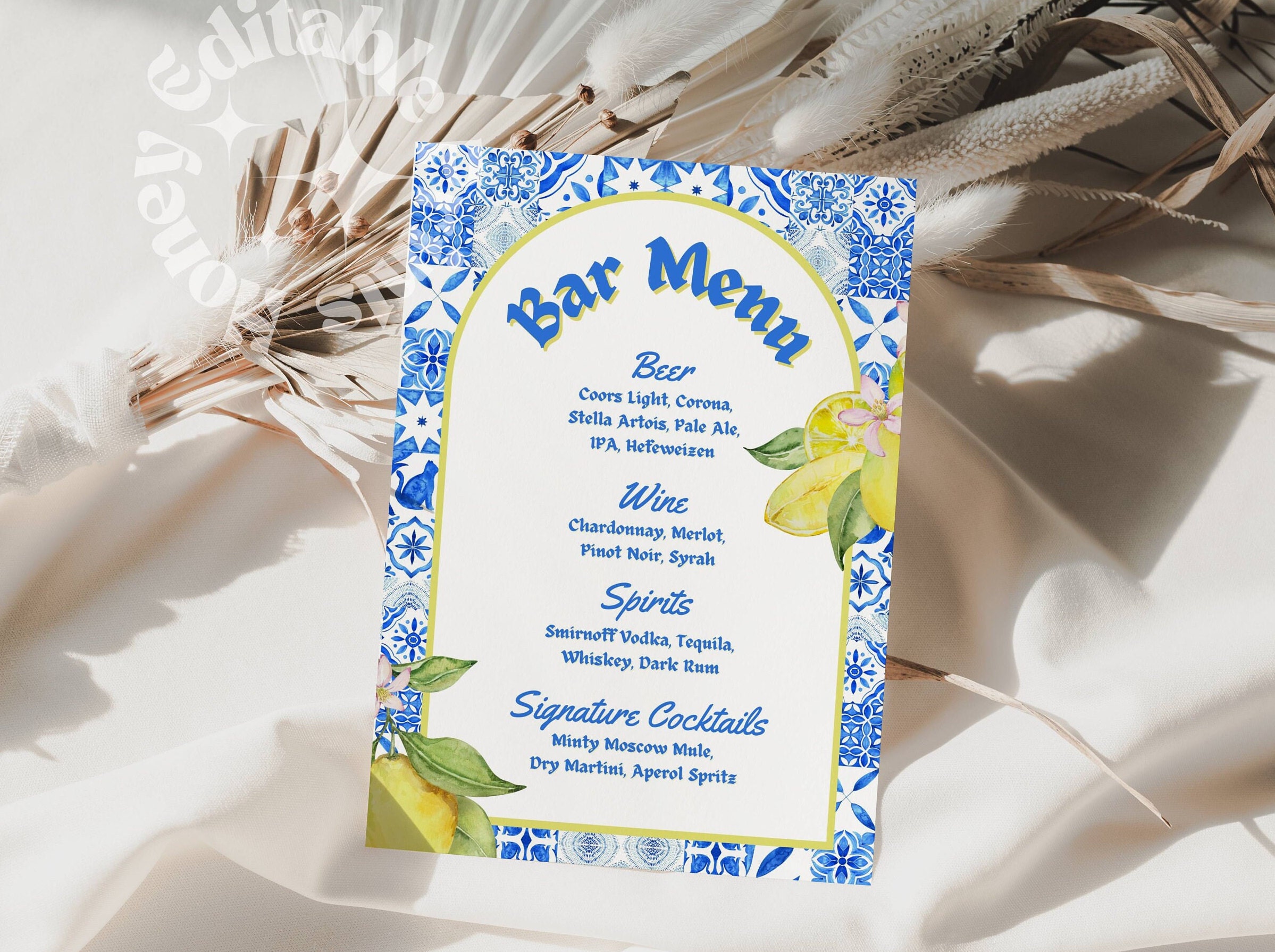 Lemon Blue Tile Signature Drinks Menu Lemon Bar Menu Etsy