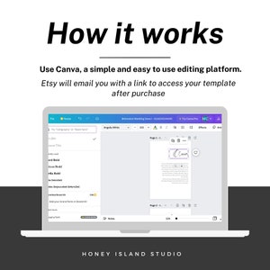May include: A laptop screen displaying the Canva website with a wedding invitation template open. The text "How it works" is displayed above the laptop. The text "Use Canva, a simple and easy to use editing platform. Etsy will email you with a link to access your template after purchase." is displayed below the laptop.