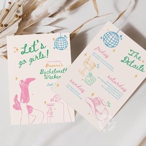 Lets Go Girls Bachelorette Weekend Itinerary, Disco Cowgirl Bachelorette Weekend Template, Hand Drawn Scribble Template, Canva template