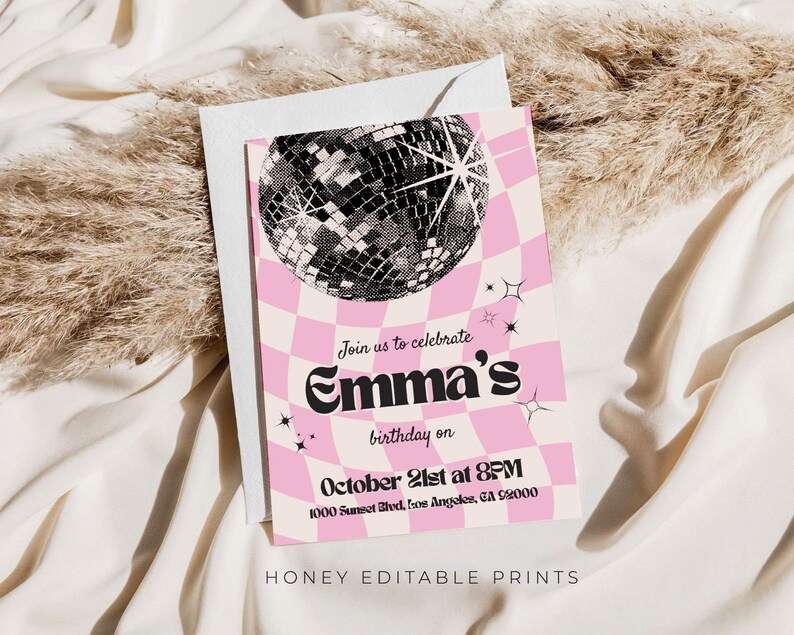 Disco Birthday Template, Trendy Retro Disco Invitation, Teen Girls Disco Birthday Invite Template