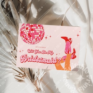 Werden Sie meine Brautjungfer sein, Disco Cowgirl , Bachelorette Geschenk, Disco Cowgirl Bachelorette Vorlage, Retro Einladung,