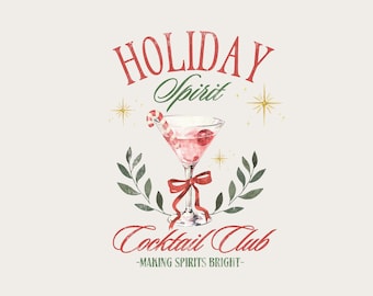 Puede incluir: Ilustración festiva de un cóctel rosa en una copa de Martini, adornado con un bastón de caramelo y cerezas. La imagen está enmarcada por hojas verdes y un lazo rojo, con las palabras "Holiday Spirit Cocktail Club" en escritura roja.