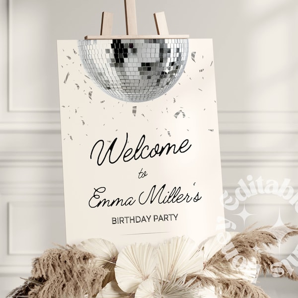 Disco Party Welcome Sign Template, Retro Disco Ball Party Banner, Groovy Disco Ball BacheloretteBirthday party banner