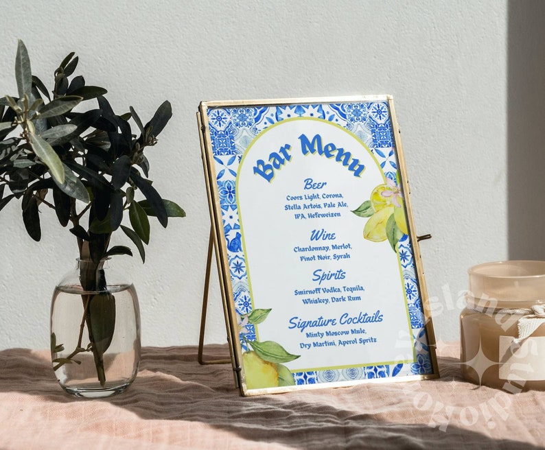 Lemon Blue Tile Signature Drinks Menu Lemon Bar Menu Etsy