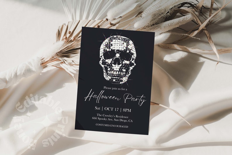 Editable Adult Halloween Party Invitation, Disco Halloween Costume Party Invite, Skull Halloween Birthday, Printable, Text Invitation