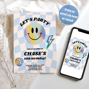 Smile Birthday Template, Blue Trendy Retro Birthday Invitation, Teen Boys Birthday Invite Template