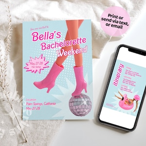 Disco Dollie Bachelorette Weekend Itinerary, Barb Doll Disco Bachelorette Template , Disco Barb Bachelorette Itinerary Invite Template