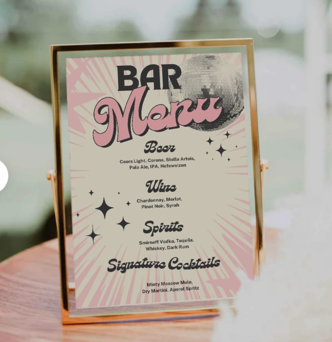 Disco Bar Menu, Retro Disco Drinks Menu, Disco Bachelorette Party, Signature Drinks, Retro Bar
