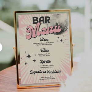 Menu disco bar, carte de boissons disco rétro, EVJF disco, boissons exclusives, menu bar rétro, bach party -RD01