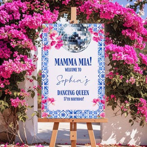 Mamma Mia Geburtstag Willkommensschild Vorlage, Dancing Queen Party Banner, Disco Geburtstagsfeier bearbeitbare Beschilderungsvorlage