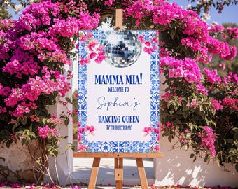 Modelo de placa de boas-vindas para aniversário da Mamma Mia, banner para festa da rainha da dança, modelo de sinalização editável para festa de aniversário disco