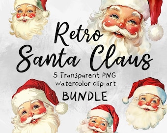 May include: Five watercolour illustrations of Father Christmas with a red hat and white beard. The illustrations are in a retro style and are perfect for Christmas crafts and projects.