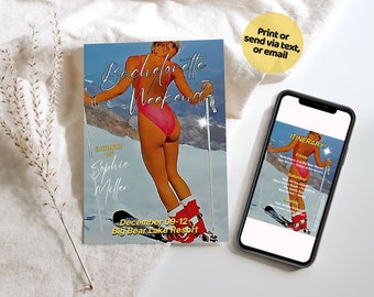 Itinerario de fin de semana de despedida de soltera esquiando, plantilla de invitación de despedida de soltera esquiando, plantilla de fin de semana de snowboard, invitación retro vintage