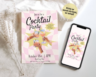 Retro  Birthday Template, B-day editable Template Invitation, Retro Cocktail Drinks Invite, Birthday Celebration Invitation