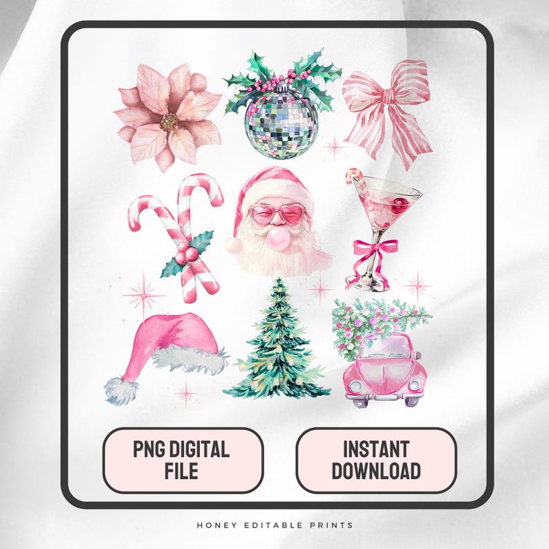 Pink Christmas PNG, Coquette Pink Holiday Vibes PNG, Trendy Christmas,Holiday PNG, Xmas Png, Disco Santa Bubble gum, Instant Download