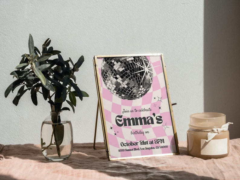 Disco Birthday Template, Trendy Retro Disco Invitation, Teen Girls Disco Birthday Invite Template