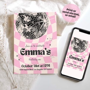 Disco Birthday Template, Trendy Retro Disco Invitation, Teen Girls Disco Birthday Invite Template