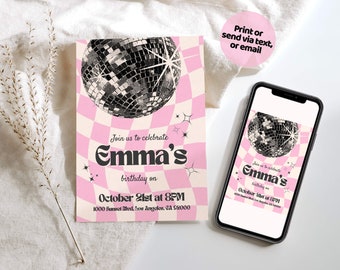 Plantilla de cumpleaños de discoteca, invitación de discoteca retro de moda, plantilla de invitación de cumpleaños de discoteca para chicas adolescentes