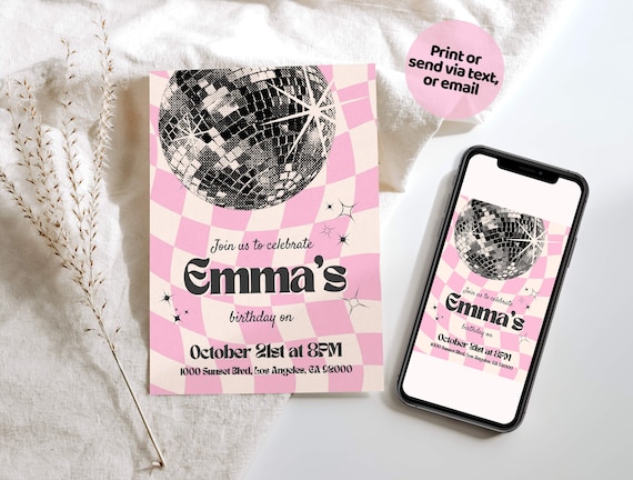 Disco Birthday Template, Trendy Retro Disco Invitation, Teen Girls Disco Birthday Invite Template