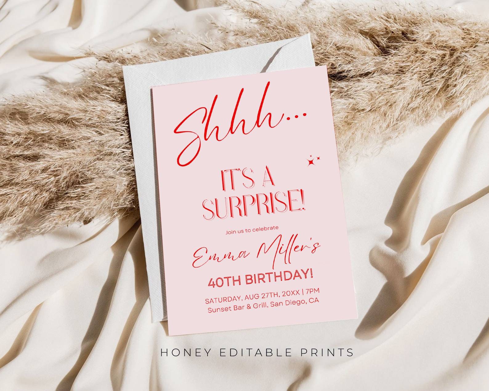 Pink Birthday Surprise Party Invitation Printable Red Etsy