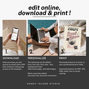 Pode incluir: Um guia passo a passo para usar um modelo, mostrando as etapas para baixar, personalizar e imprimir. O texto inclui "edit online, download & print!" e detalhes sobre a edi&ccedil;&atilde;o de fontes e texto.