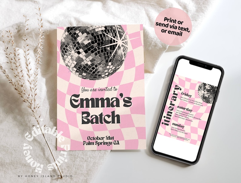 Disco Bachelorette Weekend Itinerary, Disco Bachelorette Weekend Template, Disco Ball Pink Bachelorette Template, Disco Invitation
