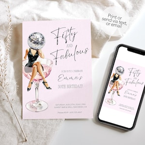 Fünfzig und fabelhafte Geburtstagseinladung, 50 Disco-Party einladen Disco-Cocktail-Einladung Bearbeitbare Canva-Vorlage, Sofort-Download 50 Bday einladen