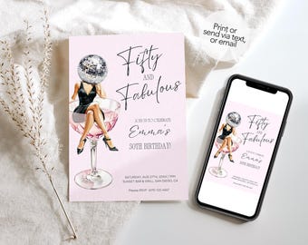 Fifty and Fabulous Birthday Invite, 50 Disco Party Invite Disco Cocktail Invitation Editable Canva Template, Instant Download 50 Bday invite