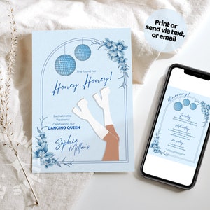 Mamma Mia Disco Bachelorette Weekend Itinerary, Honey Bachelorette Weekend Template, Disco ball Blue Bachelorette Template, Retro Invitation,
