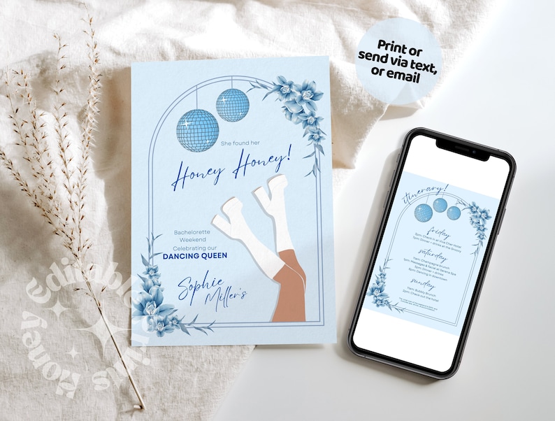 Mamma Mia Disco Bachelorette Weekend Itinerary, Honey Bachelorette Weekend Template, Disco ball Blue Bachelorette Template, Retro Invitation,