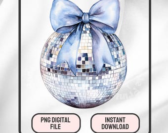 Coquette Disco Ball PNG: Blue Bow Clipart (Digital Download)