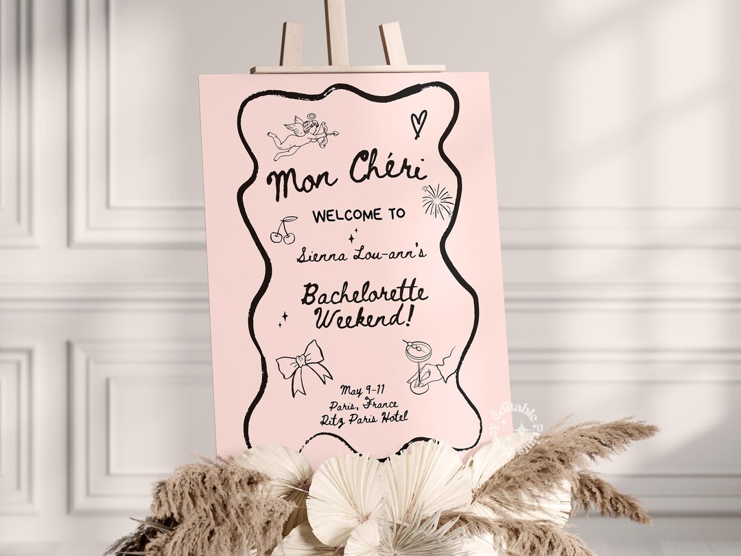 Mon Cherie Bachelorette Welcome Sign Template, Paris Bridal Shower ...