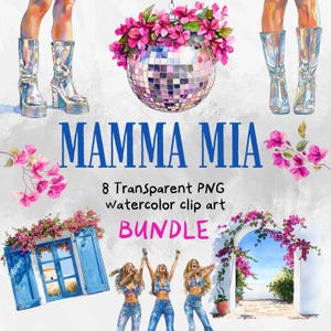 Mamma Mia bundel PNG-illustraties, Donna Dynamos mediterrane Griekenland, illustratie aquarel disco laarzen, Disco Mamma Mia digitale download png