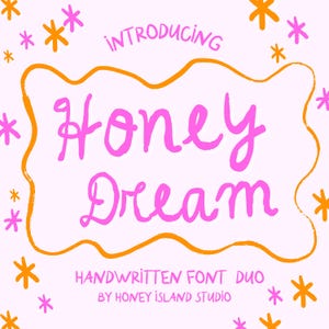May include: Introducing Honey Dream, a handwritten font duo by Honey Island Studio. The text is in a pink font with a handwritten style and is surrounded by a yellow, wavy, hand-drawn border. The background is a light pink color with yellow stars scattered around the border.