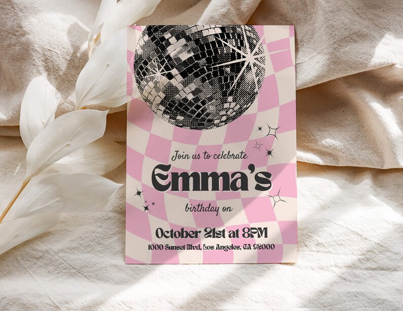 Disco Birthday Template, Trendy Retro Disco Invitation, Teen Girls Disco Birthday Invite Template