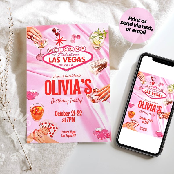 Plantilla de cumpleaños de Las Vegas, invitación retro de moda de Las Vegas, plantilla de invitación de cumpleaños con bebidas de cóctel de póquer