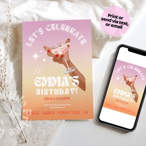 21 lässt uns Geburtstag feiern Evite Vorlage, Cocktail bearbeitbare Einladung, Geburtstagsfeier-Einladung, Boho Chic-Einladung,