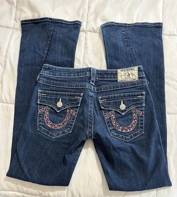 True Religion Joey Dark Wash Low Rise Pink Jewels Flare