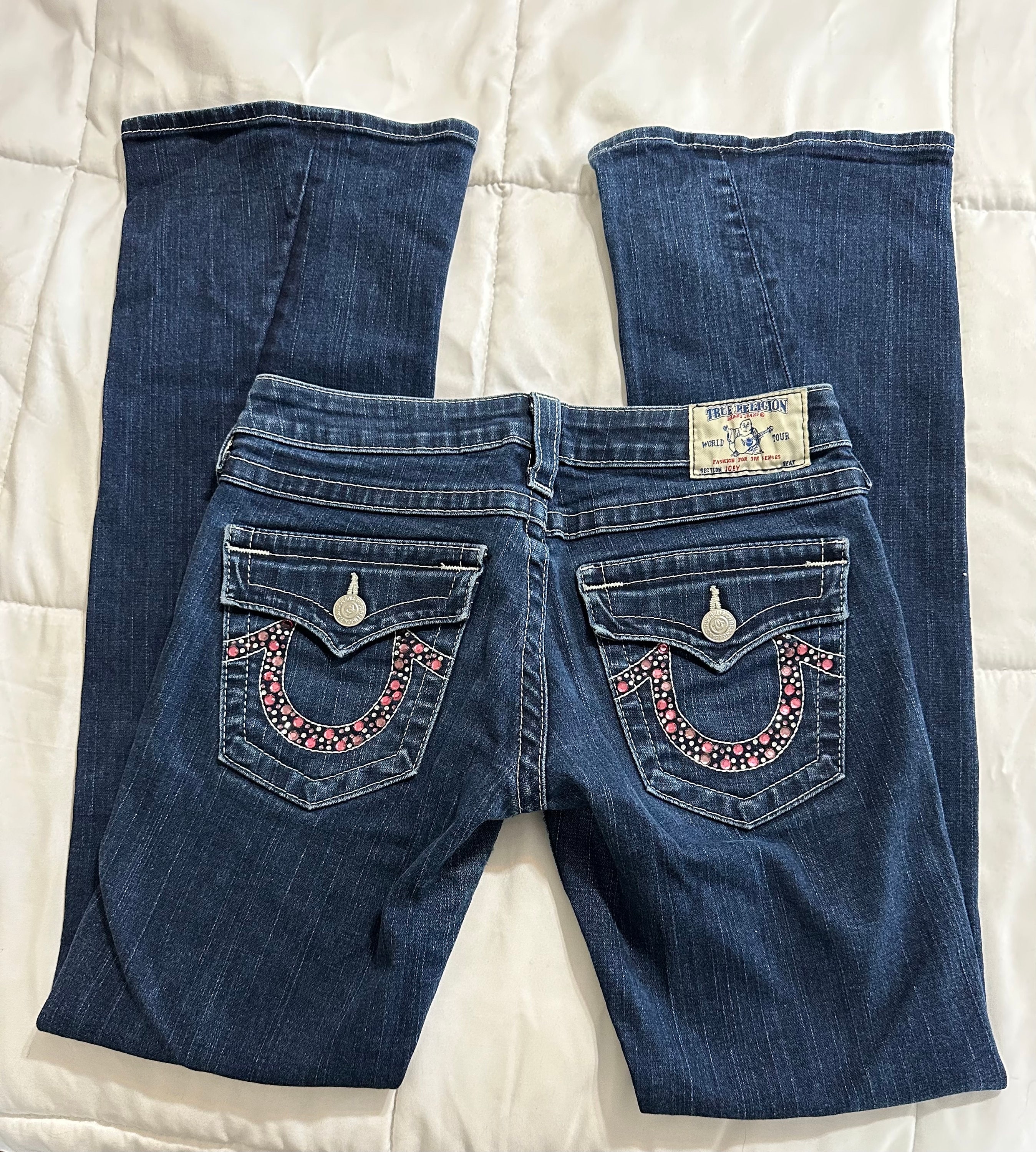 True Religion Joey Dark Wash Low Rise Pink Jewels Flare True Religion Joey Dark Wash Low Rise Pink Jewels Flare